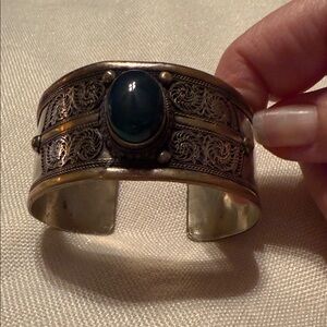 Elegant mixed metal and Green Stone Cuff Bracelet